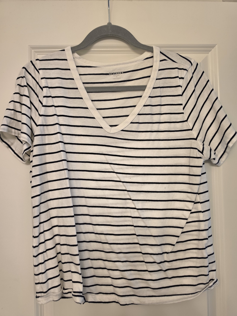 Old Navy White V-Neck Tee with Black Stripes